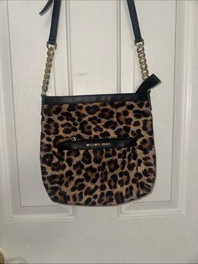 Used Michael Kors Leopard Print Crossbody in Brown and Black with Gold Hardware